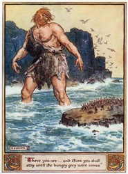 "Där är du... och där ska du stanna tills den hungriga grå vågen kommer", illustration från "The Heroes of Asgard, Tales from Scandinavian Mythology", av A und E Keary, 1930.